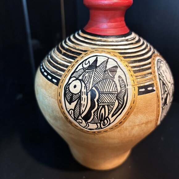 Terracotta Hand Painted Madhubani Matki Shaped Vase, Red, Gold and Black, India - Picture 3 of 10